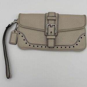 Coach Leather Buckle Wristlet Beige Silver Trim